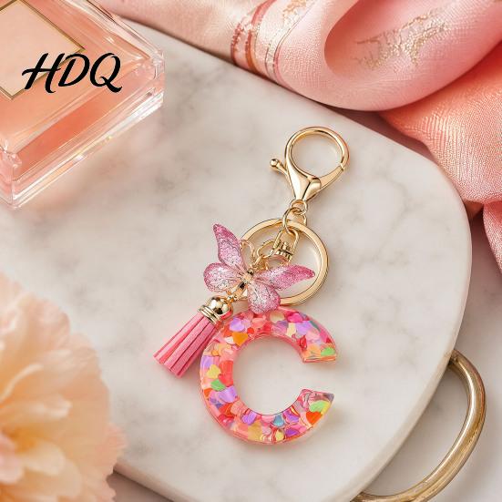 Compact Keychain Pink Series Pendant Sequins Heart Initial Letter Charm Key Chain