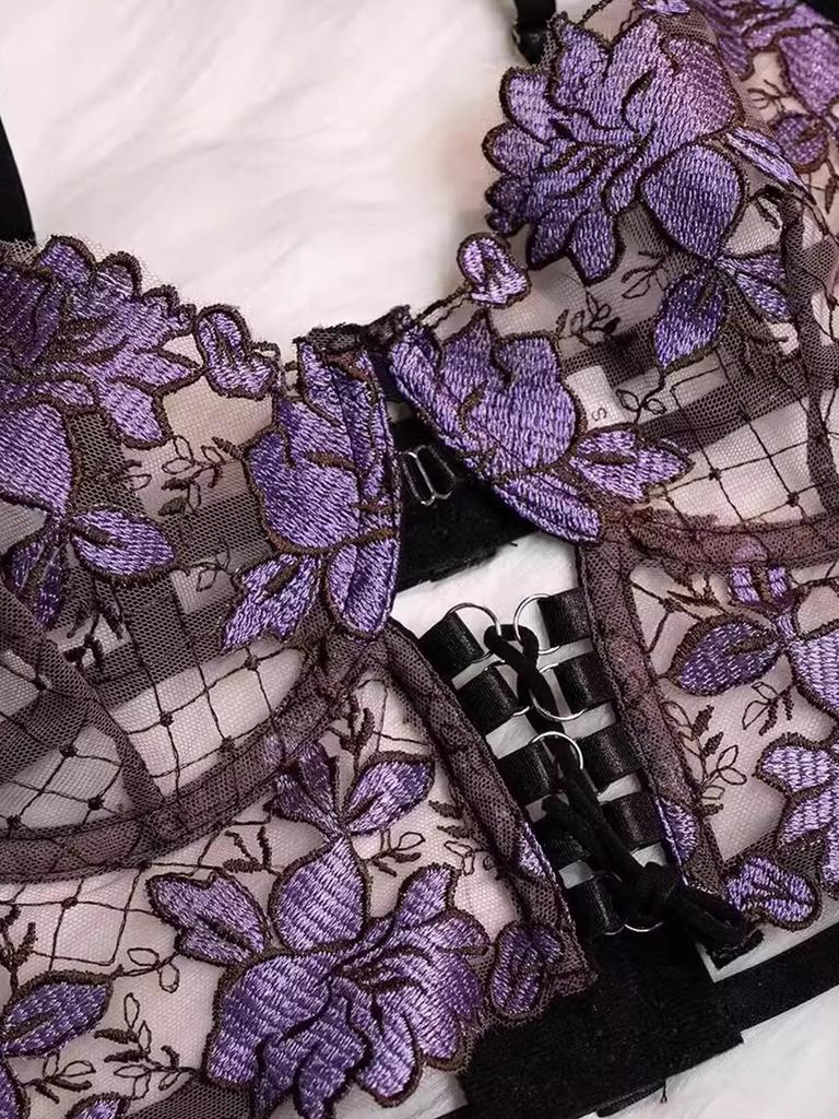 Adult Four-Piece Lingerie Set See-Through Purple Lace Lace-Up Embroidered Mesh Jumpsuit And Matching Accessories