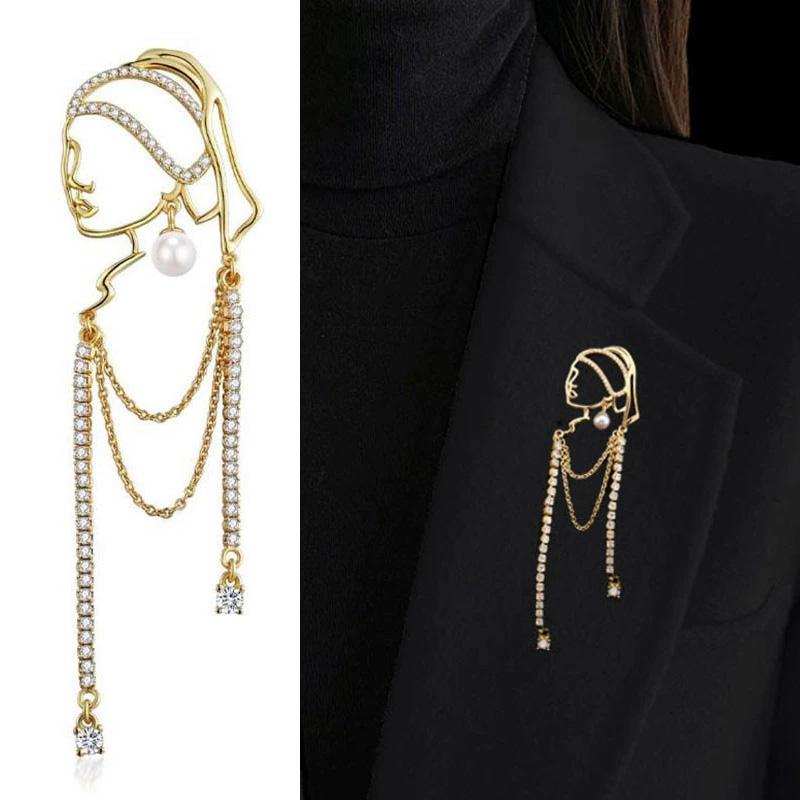 1PC Alloy Brooch Fashion A Girl Elegant Tassel Brooch For Women With Pearl Earrings Dress Collar Accesories Pins Jewelry