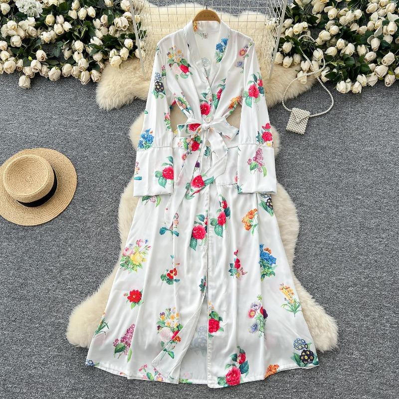 Modisches Frühlings-Damenkleid zum Schnüren, geraffte Taille, Revers, langärmliger Cardigan, elegantes bedrucktes Kleid