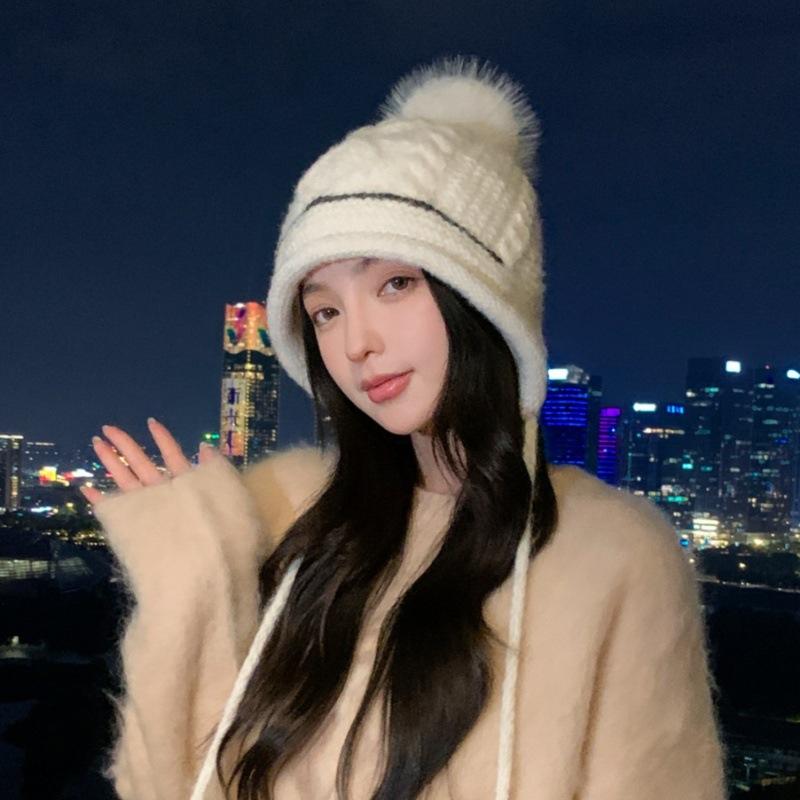 Winter new thickened warm and cold-proof rabbit hair wool hat women's hairball ear protection small face versatile knitted hat