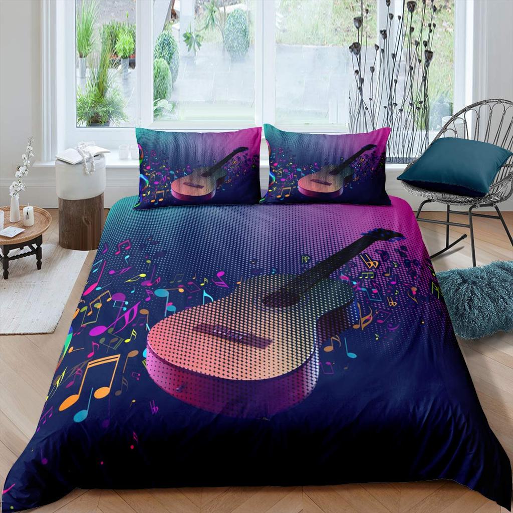 Electric Guitar King Queen Duvet Cover Stringed Instrument Bedding Set Musical Note Quilt Cover Hippie Polyester Comforter Cover