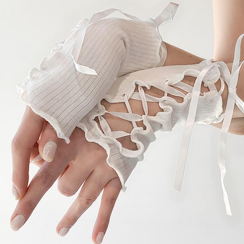 Lolita Strapping Bow Fishnet Lace Fingerless Gloves Floral Elastic Mesh Handwear