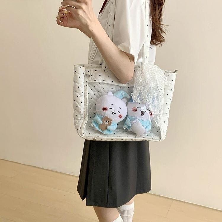 Single Shoulder Large Capacity Tote Canvas Commuting Versatile Canvas Baby Bag Student Class Cute Polka Dot Pain Bag Girl