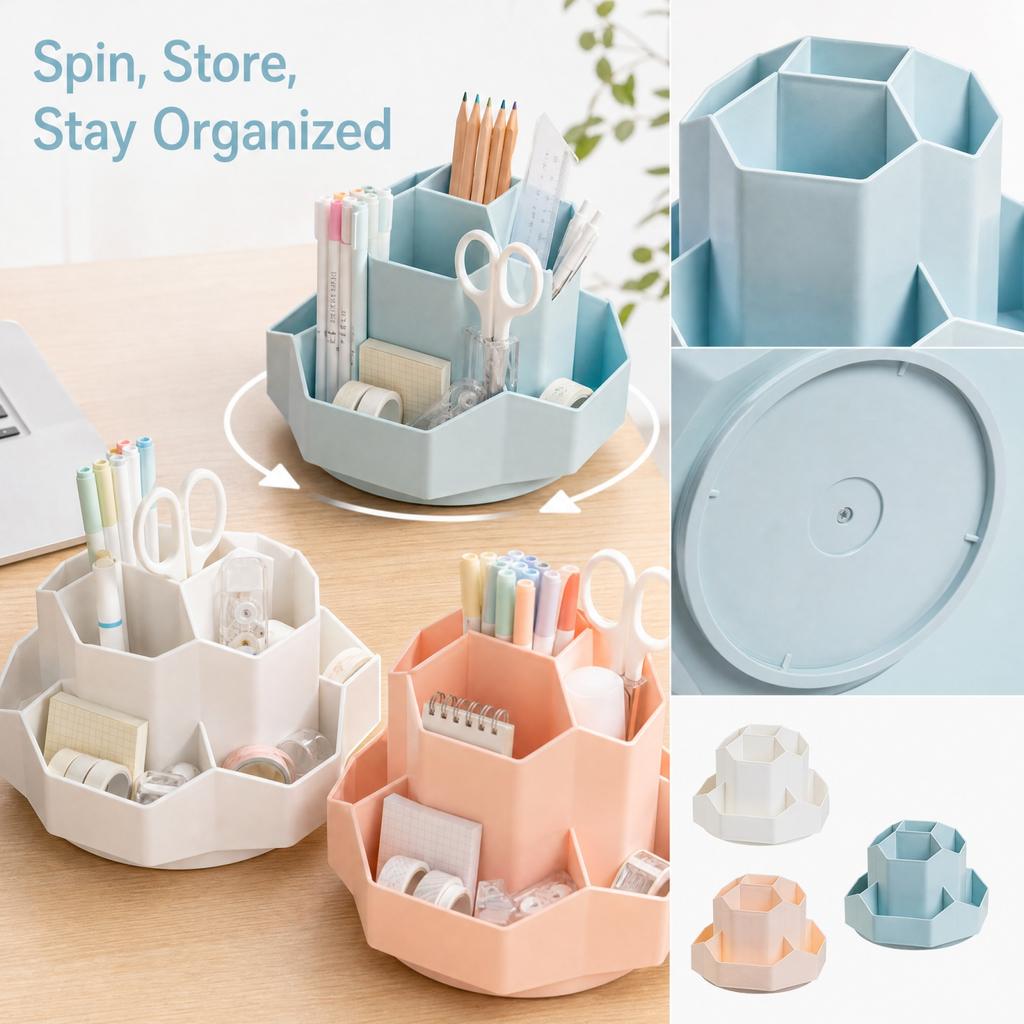 Large Capacity Plastic Rotating Pencil Holder for Pens and Desk Organization