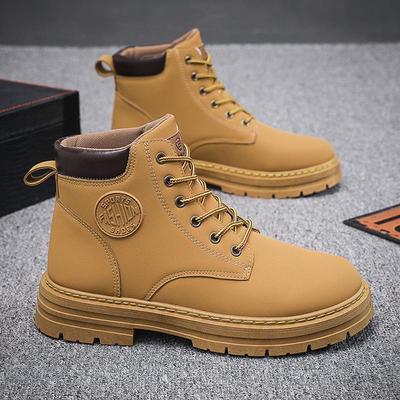 Men's Autumn/Winter Yellow Martin Boots: High-Top, Trendy, Non-Slip, Wear-Resistant, Korean Style.