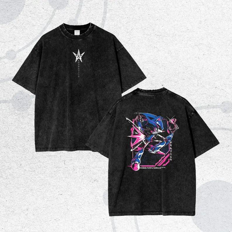 Oversized Vintage Metal Sonic & Shadow T-Shirt | Sonic Anime Graphic S разноцветный