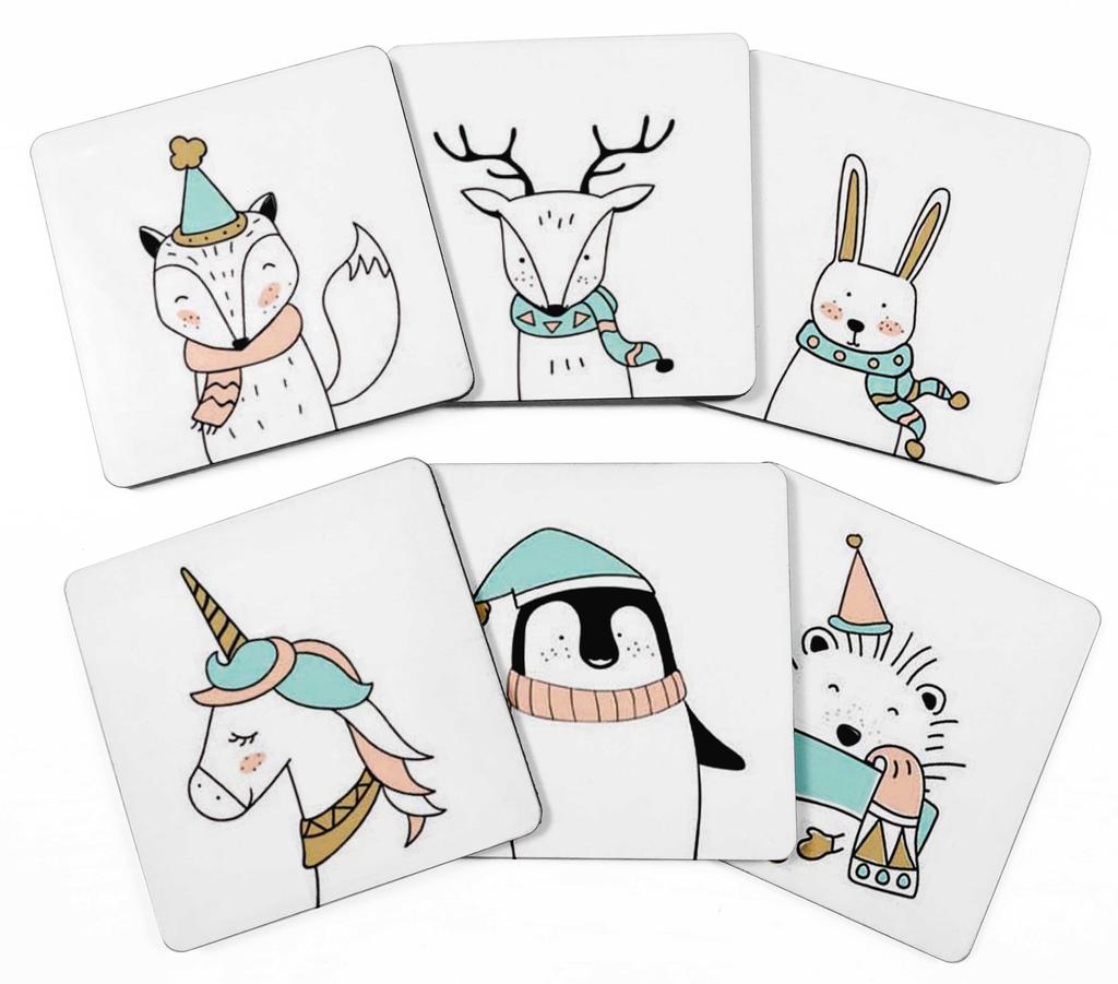 Inkdotpot Set of 6 Drink Coasters Decorative Non,Slip Cork Base 4-inch Square Printed Coasters Easy Clean