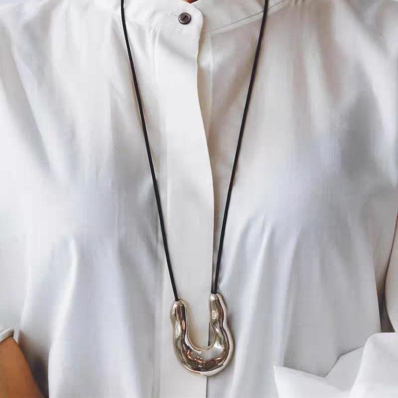 Metal Irregular Drip Glaze Pendant U-Shaped Long Black Leather Rope Sweater Chain Simple Wind Versatile Necklace