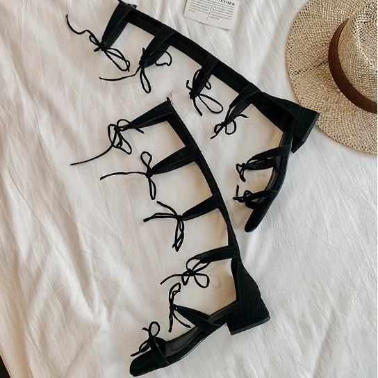 [Spot] Summer New Holiday Style Bow Cross Strap Cool Boots Women's High Open-toed Roman Sandals