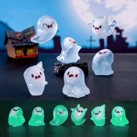 6/12/24Pcs Halloween Ghost Figurine Glow-in-the-dark Mini Cartoon Ghost Resin Statue Luminous Miniature Ghost Ornament Desktop Decoration