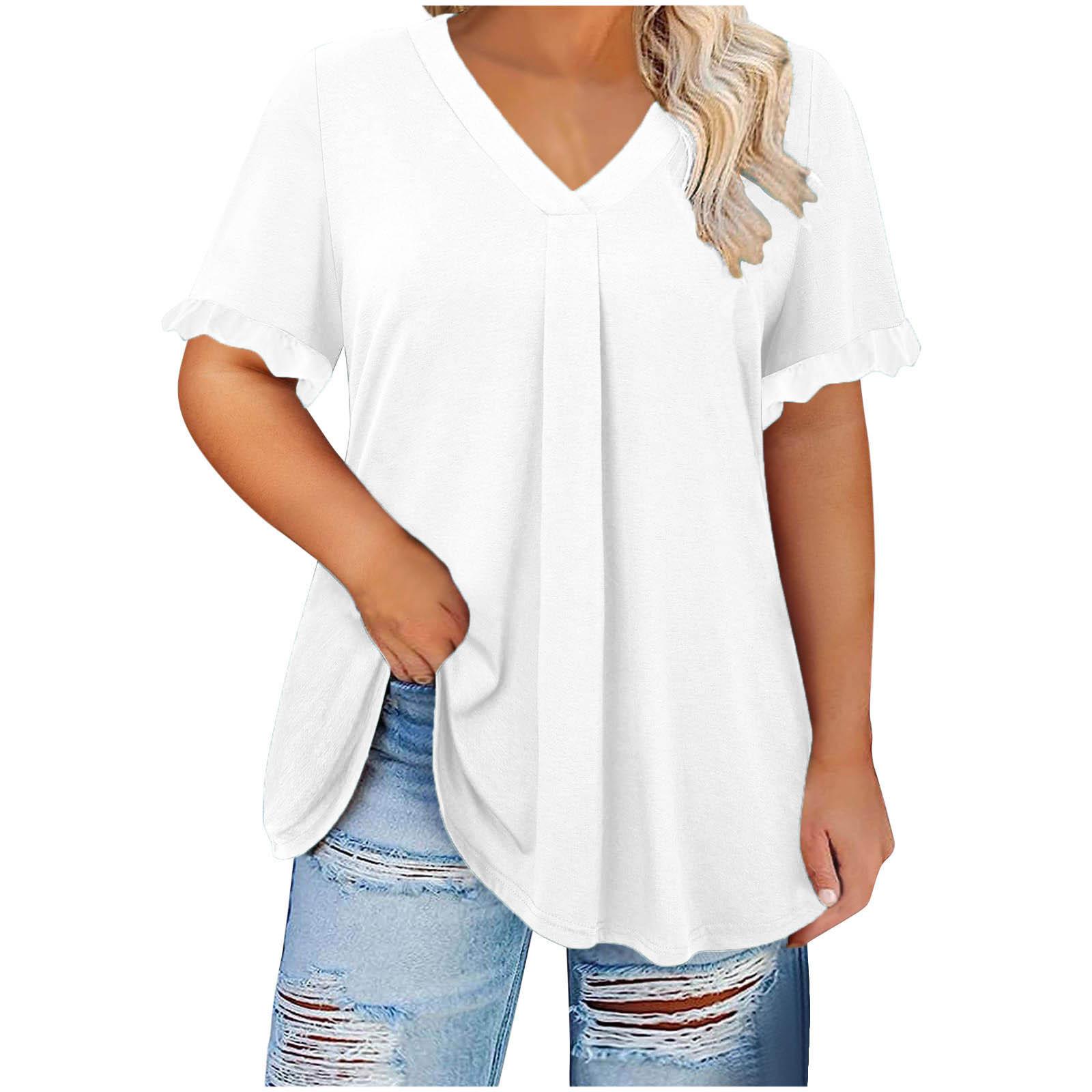 

Women s Large Size Casual Solid Color Short Sleeve Ruffle Edge Sleeve Feifei Sleeve V-Neck Top L белый