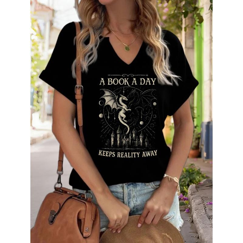 

Women s V-Neck A Book A Day Keeps Reality Away Graphic Tee, Dragon & Castle Print T-Shirt, Casual Short Sleeve Book Lover Top S