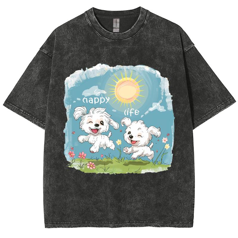 Summer Women's T-Shirt Cartoon Puppy Playful Print Y2K Oversized Crew Neck Short Sleeve Wash Unisex Casual Fairy Top