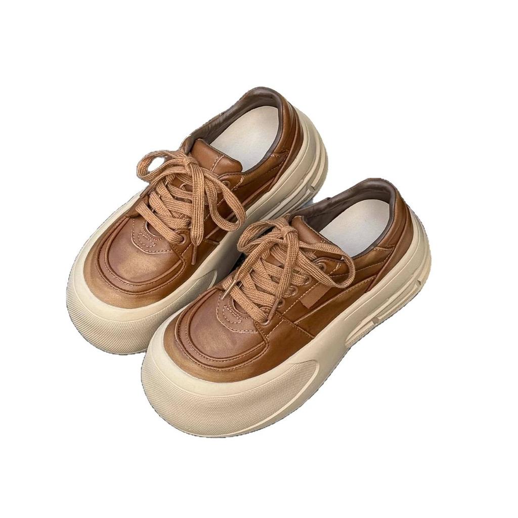 Leather versatile thick-soled ugly cute little white shoes women's 2025 new small man height increase casual big head board shoes bread shoes