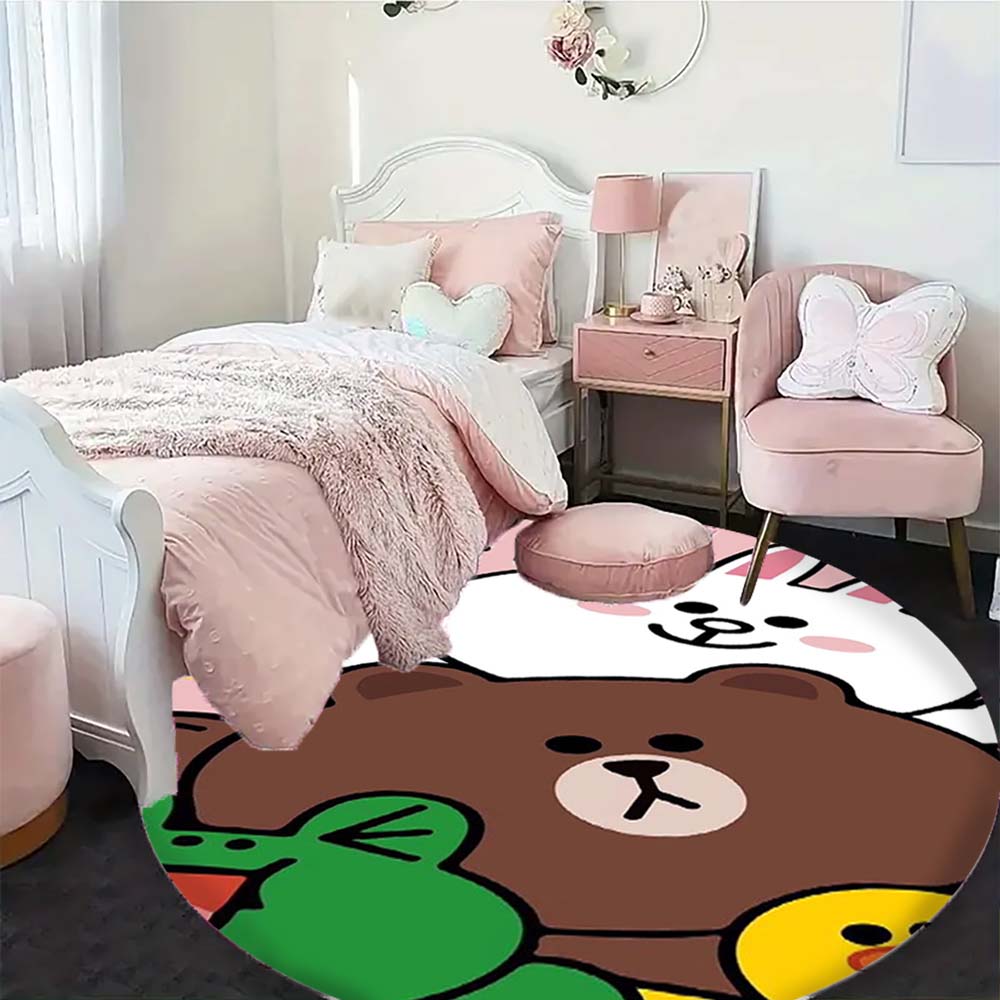 Popular Line Friends Pattern Circular Rug Kids Bedroom Flannel Carpet Playroom Anti-Skid Floor Mat Decor