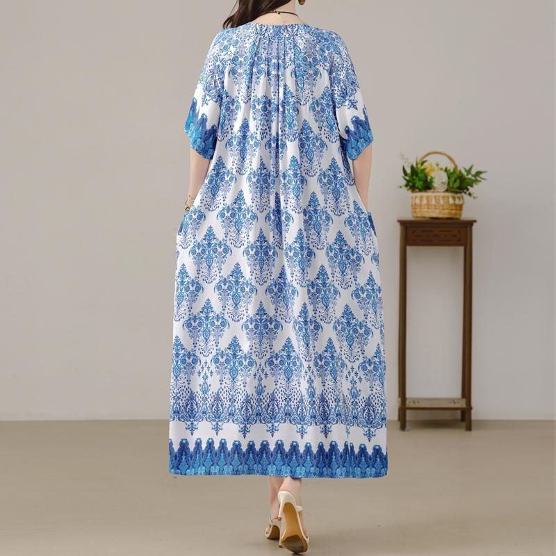 Women's Plus Size Maxi Dress, Boho Print Loose Short Sleeve Casual Dress with Pockets (XL-5XL)