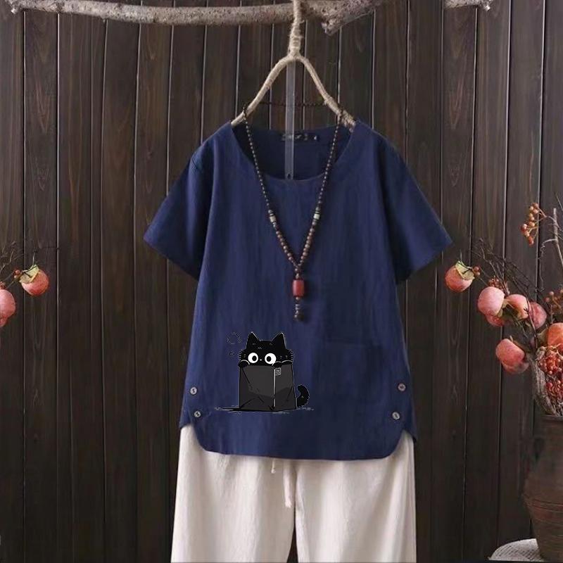 Floral Vintage Linen Tee, Women's Summer Graphic Shirt, Boho Style Crew Neck, S-4XL