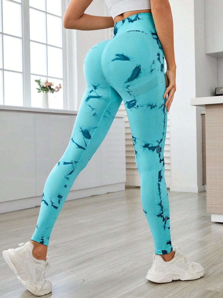 Turquoise Tie Dye Yoga Leggings Women High Waist Seamless Butt Lifting Tummy Control Fitness Workout Tights Gym Sportswear