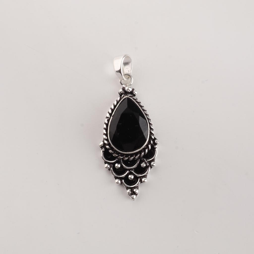 Black Onyx Gemstone 925 Sterling Silver Handcrafted Pendant 1.5" For Anniversary Gift PP-70-20