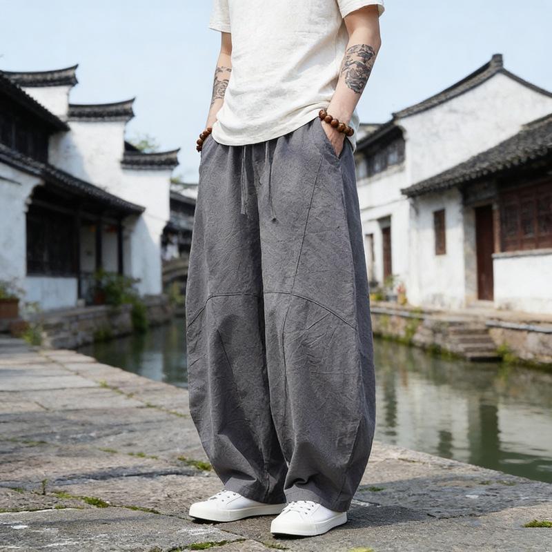 

Men Linen Blend Lantern Pants Drawstring Elastic Waist Casual Loose Wide Leg Trousers for Men M