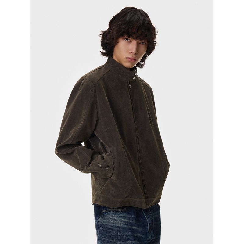 Blaexit American Retro Deconstructed Patchwork Suede Jacket for Men and Women Early Autumn Velvet Leather Harrington Stand Collar Jacket