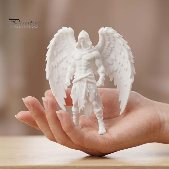 White Textured Sculpture 3D Printed Dark Angel Statue, Gothic Hooded Figurine, Detailed Fine Muscle Line Winged Desk Decor for Home Office,