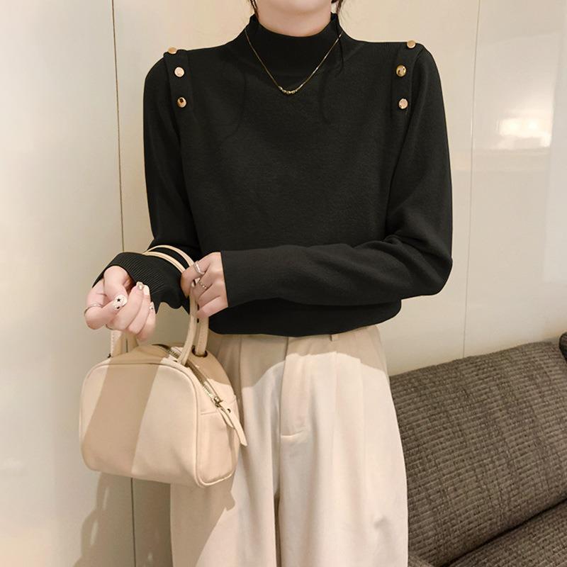 Temperament simple casual semi-turtleneck shoulder buckle design autumn and winter new solid color thin thick bottoming shirt