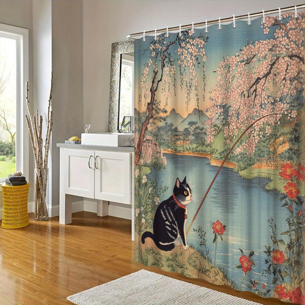 Kapryśny kot i jesienne liście Zasłona prysznicowa - Urocza dekoracja łazienki, Idealna dla tych, którzy kochają urocze i inspirowane sezonem