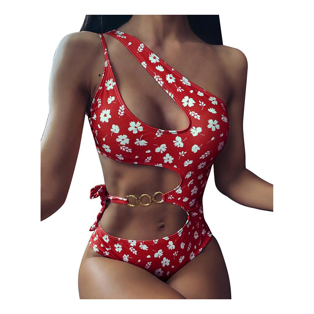 Women Hollow out Print Fashion Sexy Strappy One-Piece Bikini Swimwear Beachwear