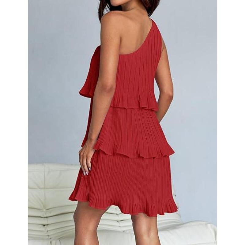 VEZFAA Women's Fashion Summer Spring Solid Color Print Sleeveless Oblique Collar High Waist Casual Dresses