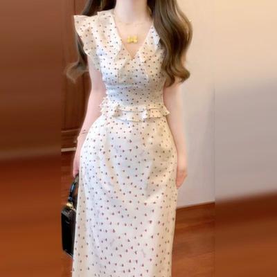 Women's V Neck Sleeveless Midi Dress High Waist Casual Summer Printed Maxi Dress