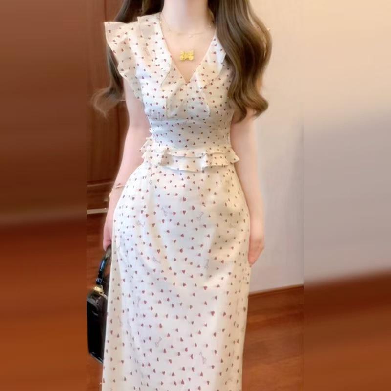 Women s V Neck Sleeveless Midi Dress High Waist Casual Summer Printed Maxi Dress S