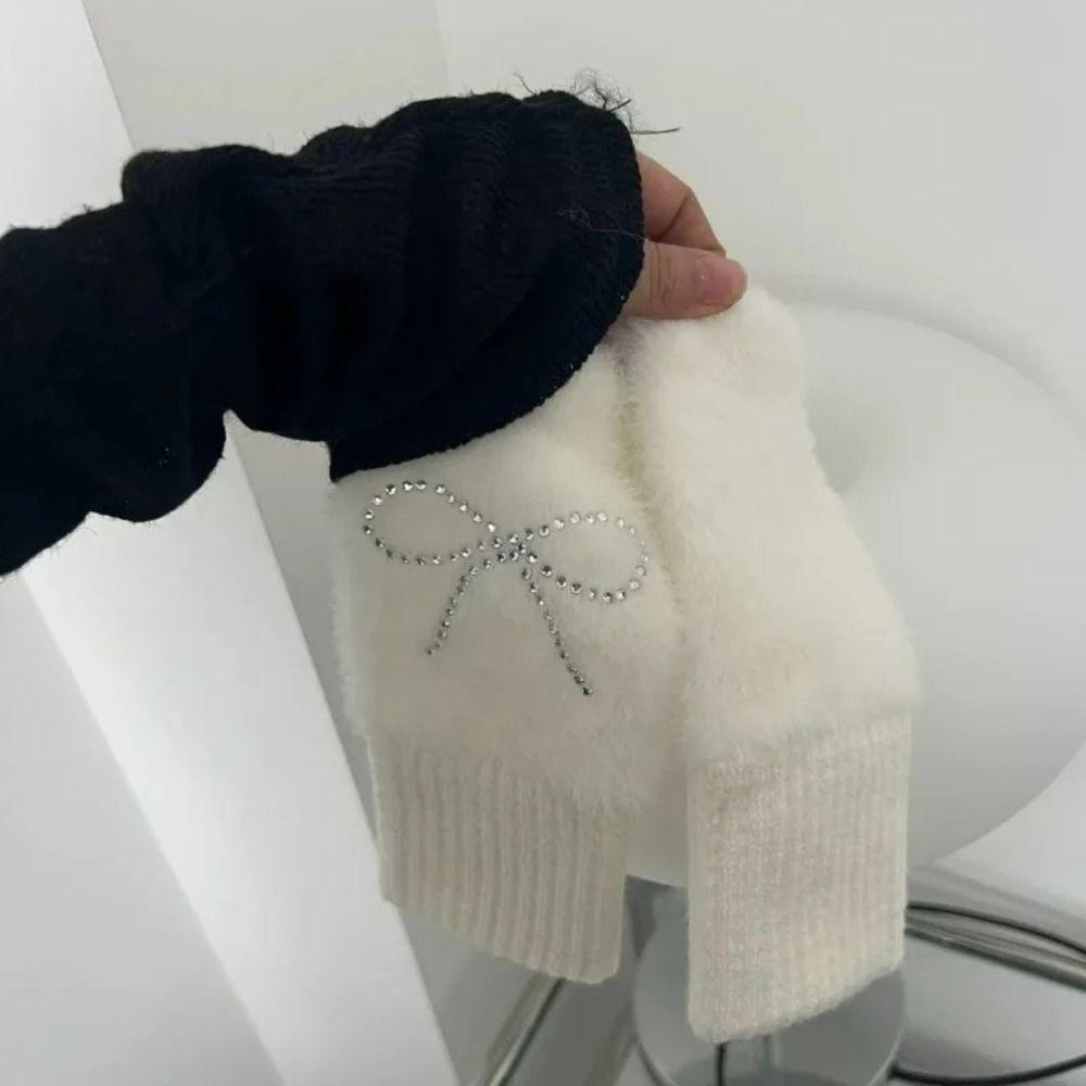 Plush Knitted Gloves Solid Color Half Finger Mittens Cute Bow Gloves  Girl