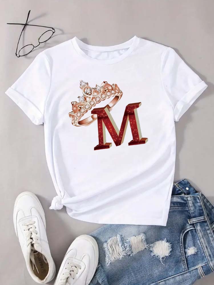 Sparkling Red Glitter 'M' Crown Graphic Printed Women T-Shirt Streetwear Casual Round Neck Short Sleeve Female Tops