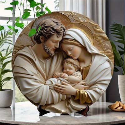 Wood Family of Jesus Round 2D Wall Art, Religious Home Decor for Living Room, Bedroom, Bathroom, Garage, Bar, Cafe, Simple and Stylish Toilet Door