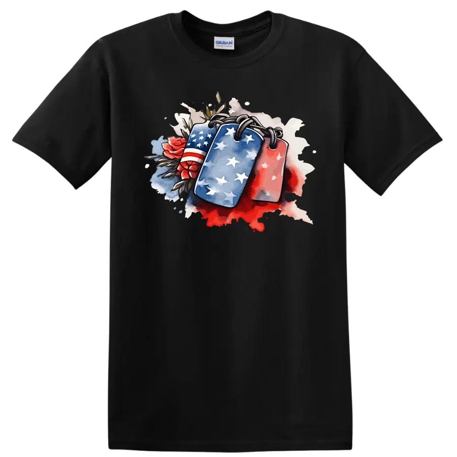 American Flag Dog Tags Roses T Shirt Vintage Watercolor Art Military Tee
