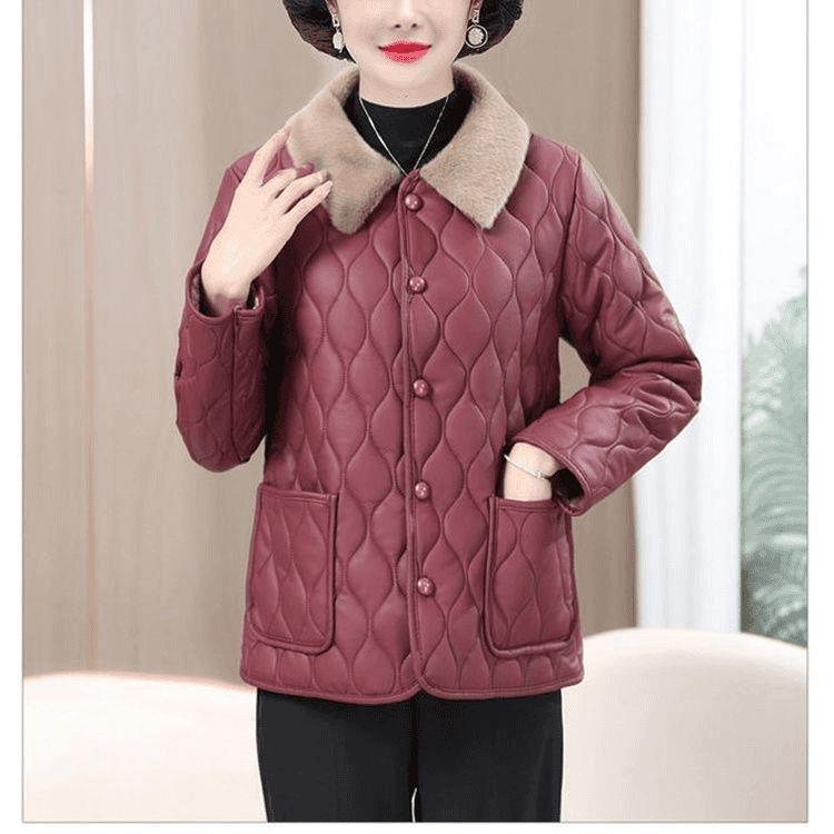 Mid-Aged & Elderly Women's Thick Velvet PU Leather Winter Coat - Warm, Stylish Cotton-Padded Jacket