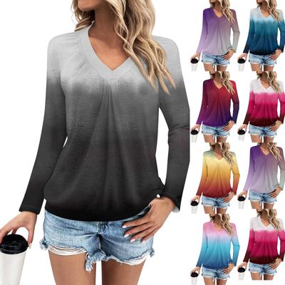 Women's Fashion V Neck  Pleated Colour Block Print Casual Long Sleeve