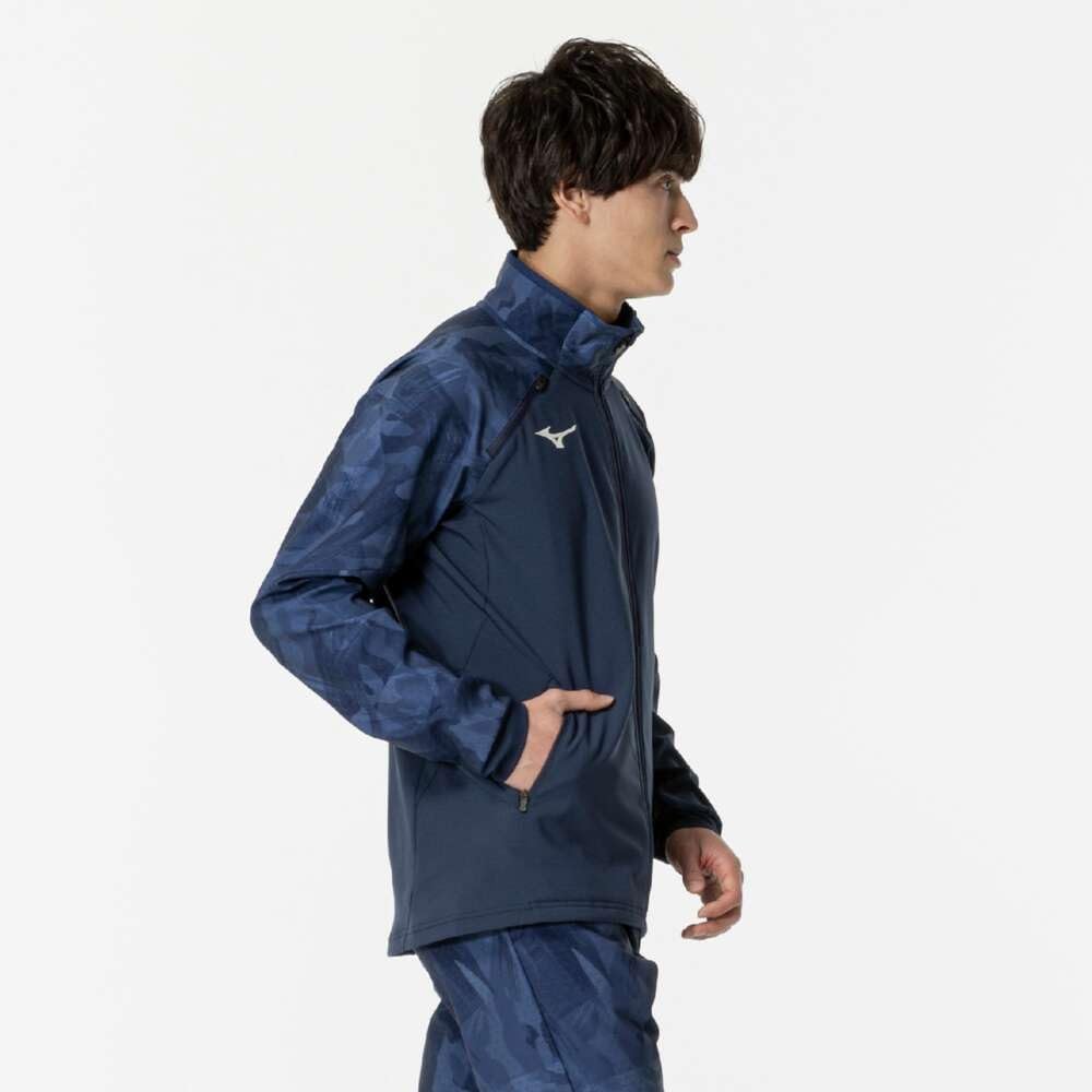 Mizuno Tech Shield Breath Thermo Training Pageant Blue Jacket, Windproof, Stretch, Water-Repellent, Moisture-Wicking, Heat-Generating, 32MCB530,