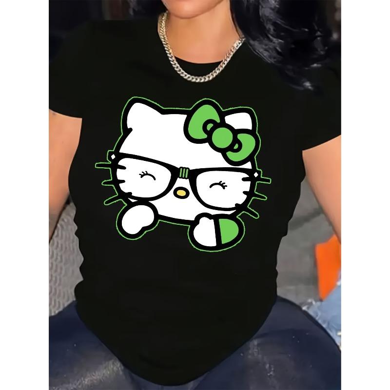 European size , Sanrio Hello Kitty Women's T-Shirt - St. Patrick's Day 2025 New Year Outfit, Cute Hello Kitty Face Shamrock Print