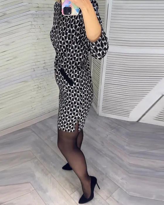 2023 Slimming Printed Round Neck Dress - European & American Style Women's Hip Wrap Skirt