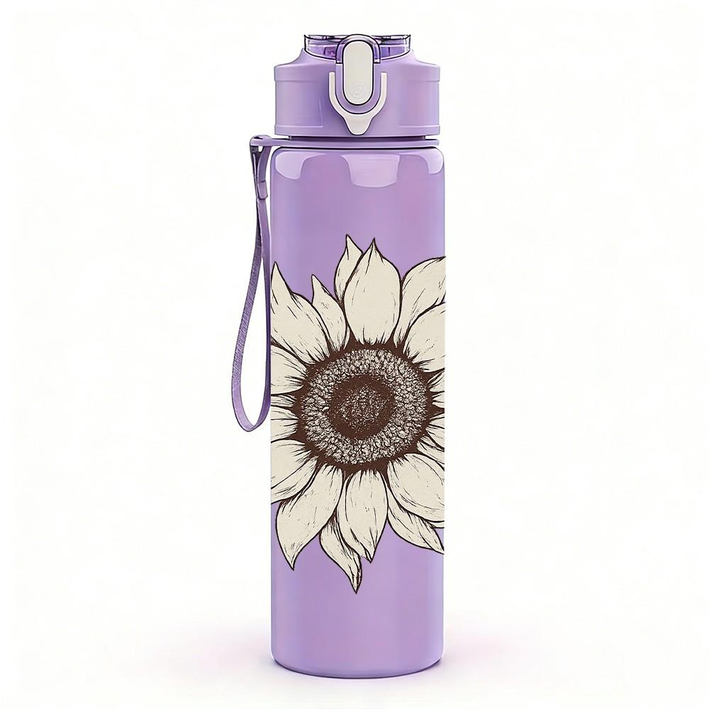 1PC Sunflower Single Bloom Art Print 750ml Color Plastic Sports Water Bottle Leakproof Flip Straw Lid Suitable for Sports Office Home Use