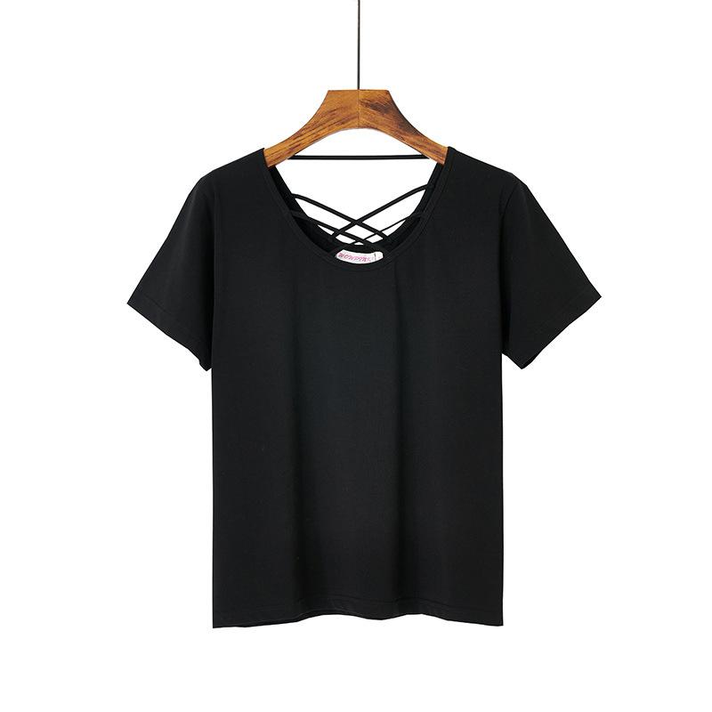 Summer ice porcelain cotton short-sleeved careful machine top design sense back cross with sexy simple T-shirt women