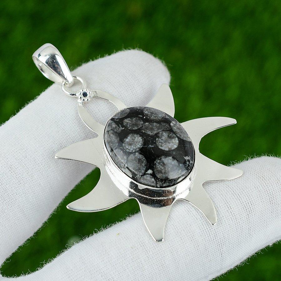 Oval Root Chakra Black Fossil Coral Gemstone 925 Silver Sister Birthday Pendant