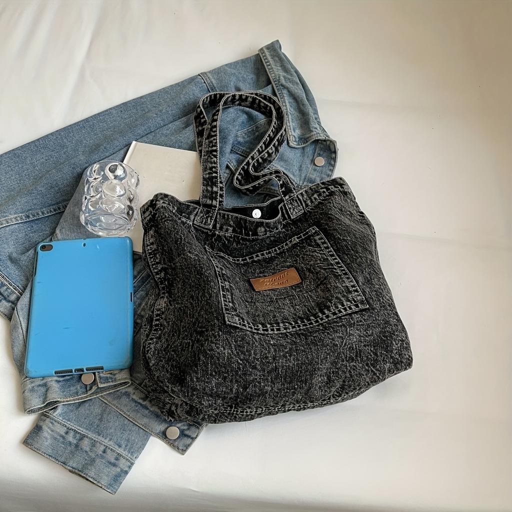 Vintage Washed Denim Tote Bag Casual Large Capacity Single Shoulder Carryall Stylish Purse