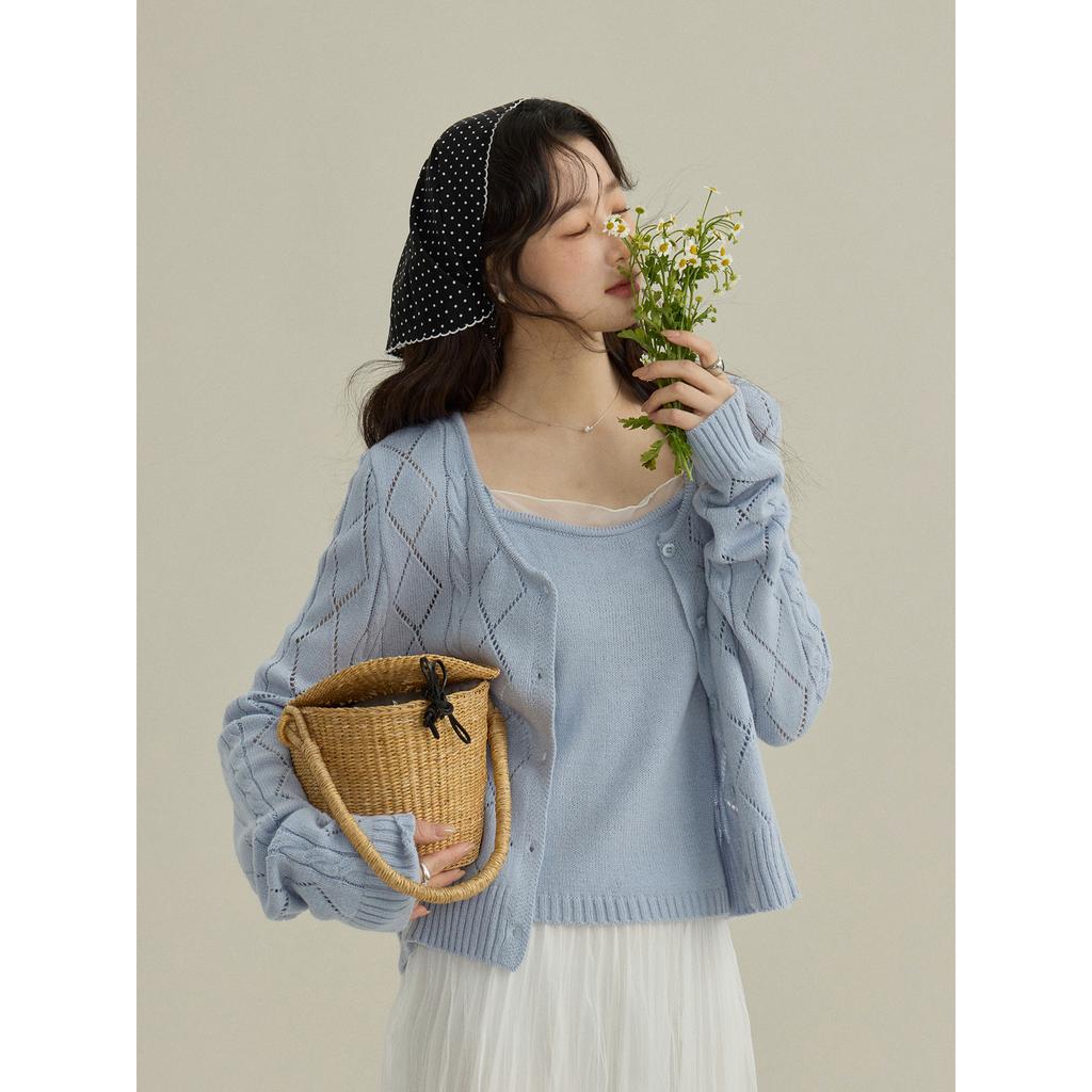 [Song Ming] Korean hollow knitted cardigan women's clothing + spring mesh vest sling two-piece set N1117D