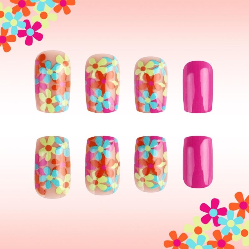 Unghii pătrate presate cu flori, unghii false adezive în 12 mărimi, 24 buc. tipsuri unghii french pentru decorațiuni nail art DIY