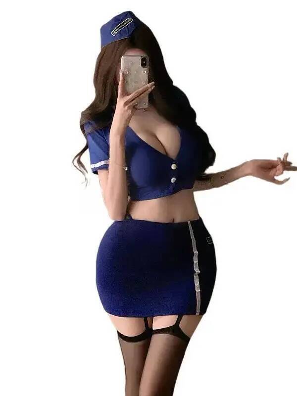 Sexy Professional Stewardess Secretary Role Play Hot Deep V Top Hip Wrap Short Skirt Sets Uniform SM Charming  Pure Desire AYKK