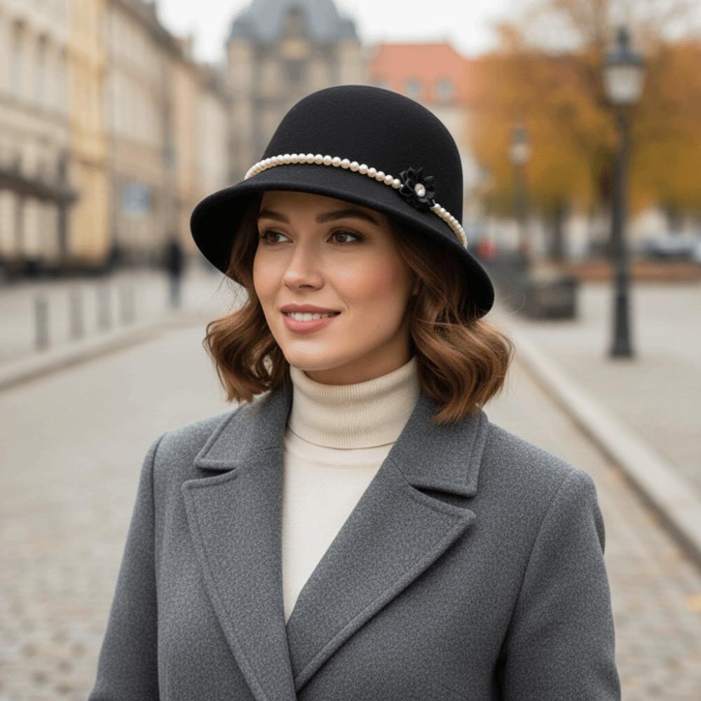 French Style Flower Topper Hat Pearl Woolen Bucket Hat Fashion Fisherman Hat  Lady